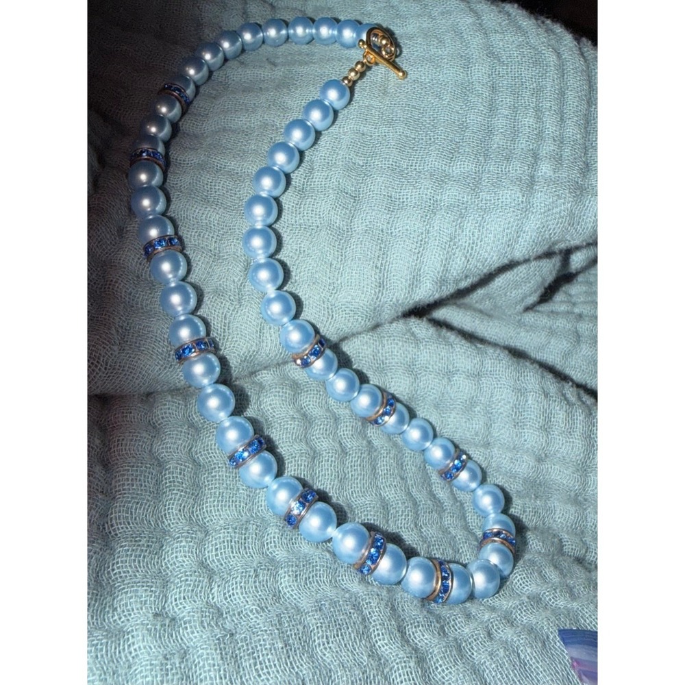 Light Blue Faux Pearl Necklace Cobalt 925 Rhinestone Rondelle Gold Tone Clasp